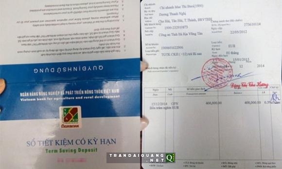 Sổ tiết kiệm của ông Nghị của Ngân hàng Agribank chi nhánh Mạc Thị Bưởi.